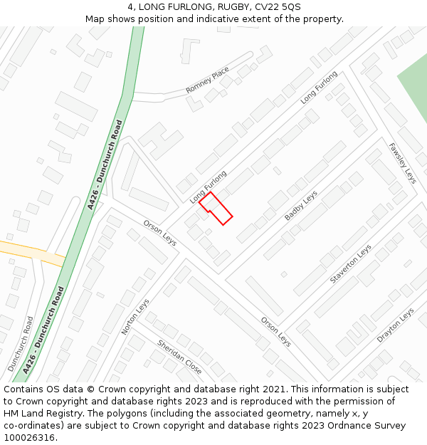 4, LONG FURLONG, RUGBY, CV22 5QS: Location map and indicative extent of plot