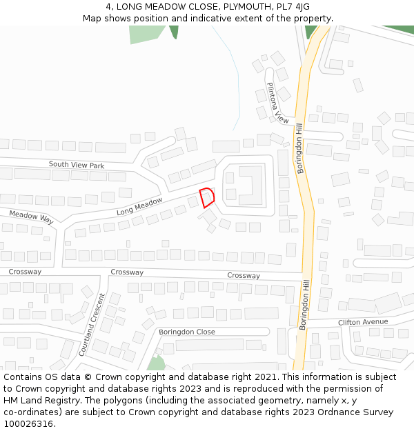 4, LONG MEADOW CLOSE, PLYMOUTH, PL7 4JG: Location map and indicative extent of plot