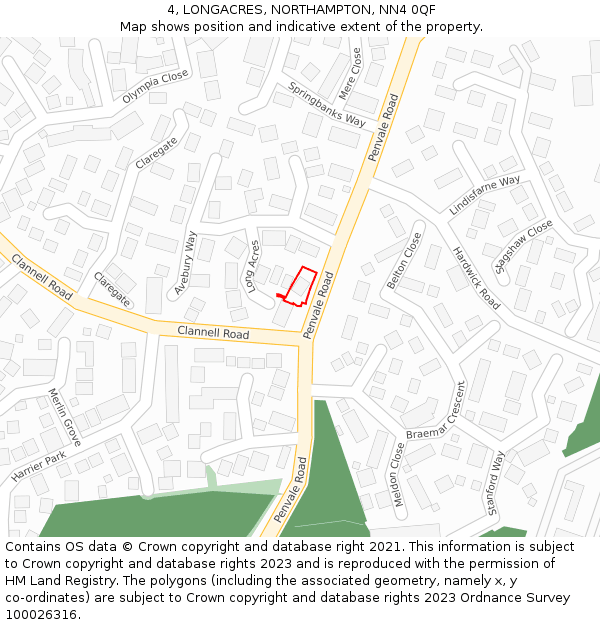 4, LONGACRES, NORTHAMPTON, NN4 0QF: Location map and indicative extent of plot