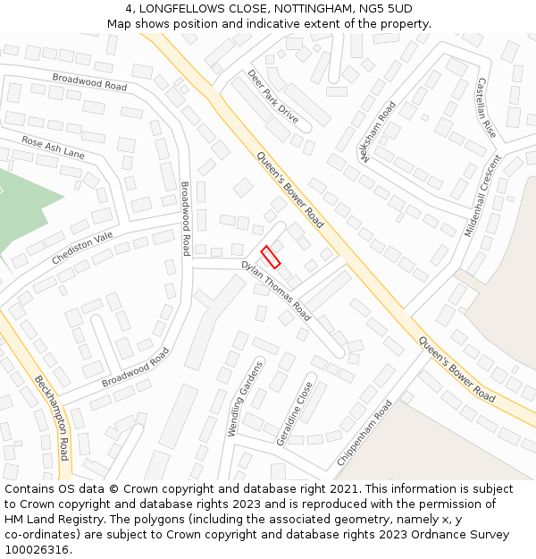 4, LONGFELLOWS CLOSE, NOTTINGHAM, NG5 5UD: Location map and indicative extent of plot