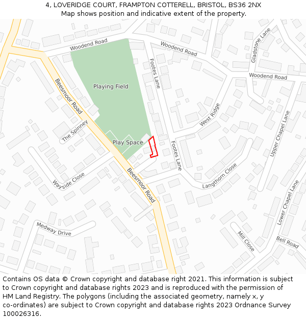 4, LOVERIDGE COURT, FRAMPTON COTTERELL, BRISTOL, BS36 2NX: Location map and indicative extent of plot