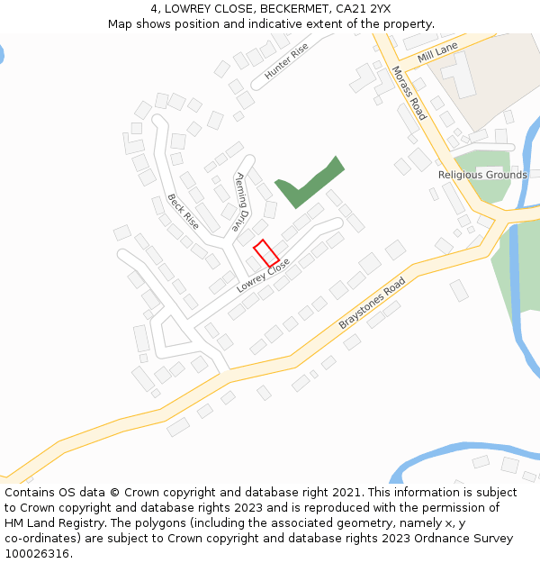 4, LOWREY CLOSE, BECKERMET, CA21 2YX: Location map and indicative extent of plot