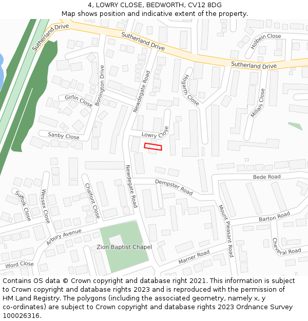 4, LOWRY CLOSE, BEDWORTH, CV12 8DG: Location map and indicative extent of plot