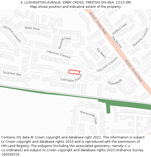 4, LUSHINGTON AVENUE, KIRBY CROSS, FRINTON-ON-SEA, CO13 0RF: Location map and indicative extent of plot