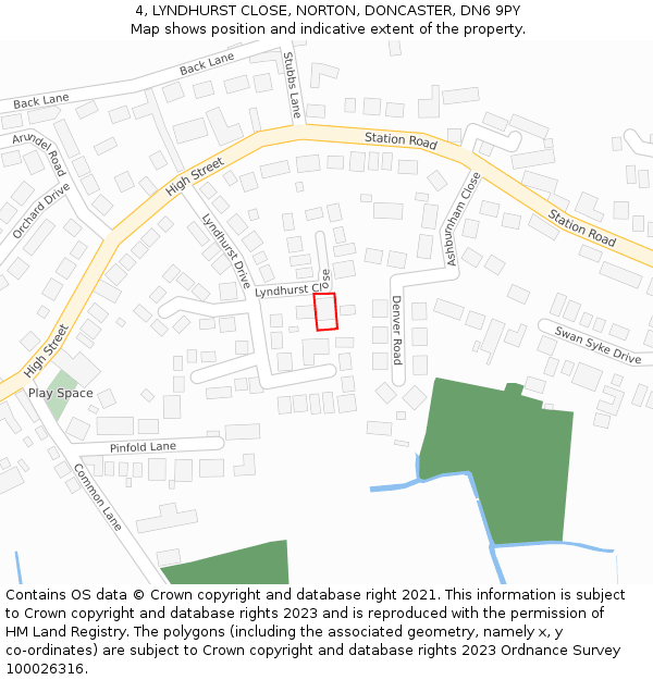 4, LYNDHURST CLOSE, NORTON, DONCASTER, DN6 9PY: Location map and indicative extent of plot