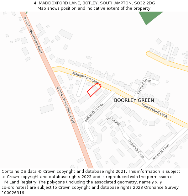 4, MADDOXFORD LANE, BOTLEY, SOUTHAMPTON, SO32 2DG: Location map and indicative extent of plot