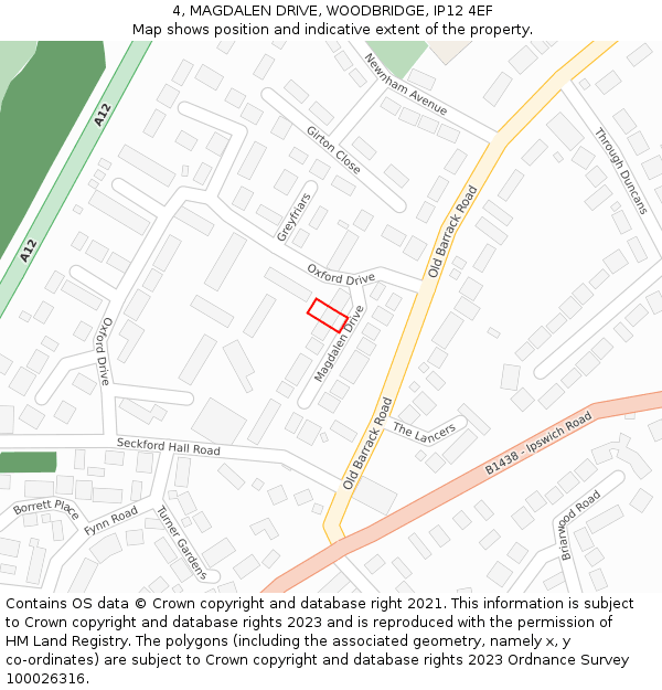 4, MAGDALEN DRIVE, WOODBRIDGE, IP12 4EF: Location map and indicative extent of plot