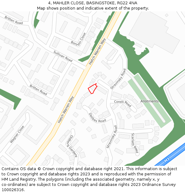 4, MAHLER CLOSE, BASINGSTOKE, RG22 4NA: Location map and indicative extent of plot