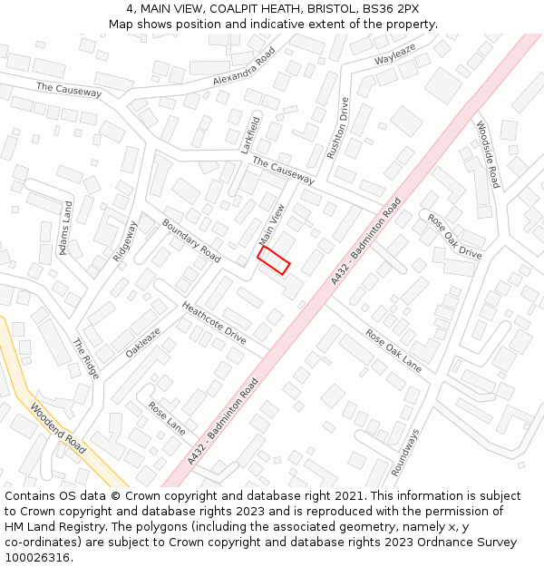 4, MAIN VIEW, COALPIT HEATH, BRISTOL, BS36 2PX: Location map and indicative extent of plot