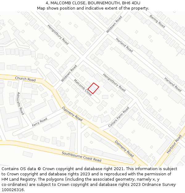 4, MALCOMB CLOSE, BOURNEMOUTH, BH6 4DU: Location map and indicative extent of plot