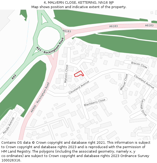 4, MALVERN CLOSE, KETTERING, NN16 9JP: Location map and indicative extent of plot