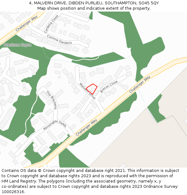 4, MALVERN DRIVE, DIBDEN PURLIEU, SOUTHAMPTON, SO45 5QY: Location map and indicative extent of plot
