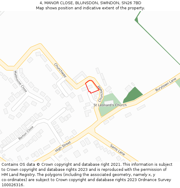 4, MANOR CLOSE, BLUNSDON, SWINDON, SN26 7BD: Location map and indicative extent of plot