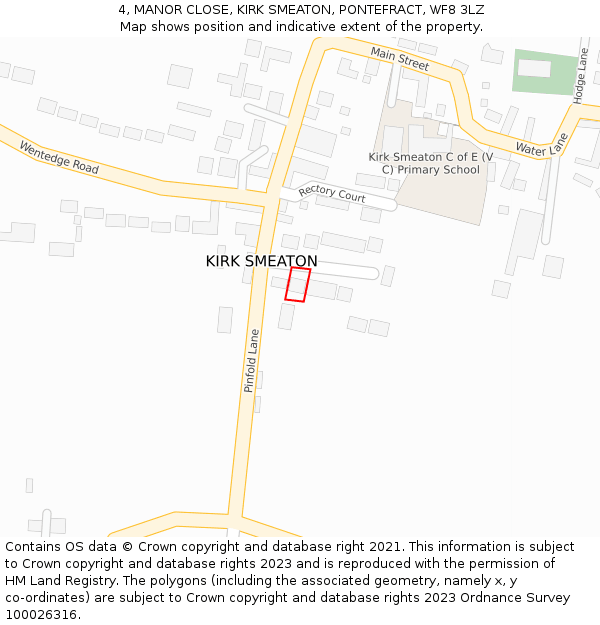 4, MANOR CLOSE, KIRK SMEATON, PONTEFRACT, WF8 3LZ: Location map and indicative extent of plot