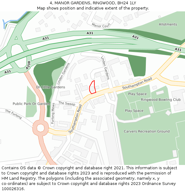 4, MANOR GARDENS, RINGWOOD, BH24 1LY: Location map and indicative extent of plot