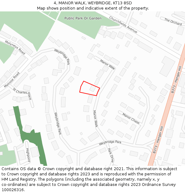 4, MANOR WALK, WEYBRIDGE, KT13 8SD: Location map and indicative extent of plot