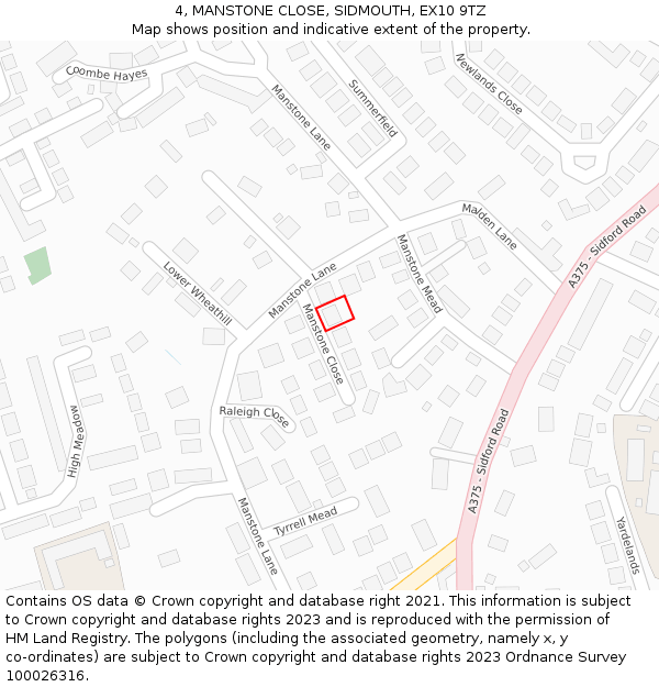 4, MANSTONE CLOSE, SIDMOUTH, EX10 9TZ: Location map and indicative extent of plot