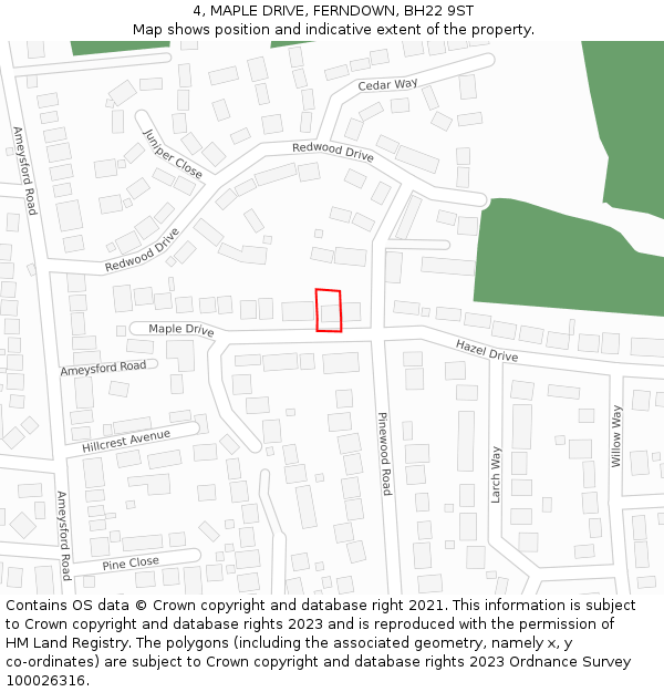 4, MAPLE DRIVE, FERNDOWN, BH22 9ST: Location map and indicative extent of plot