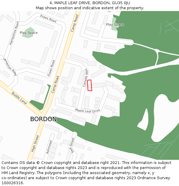 4, MAPLE LEAF DRIVE, BORDON, GU35 0JU: Location map and indicative extent of plot