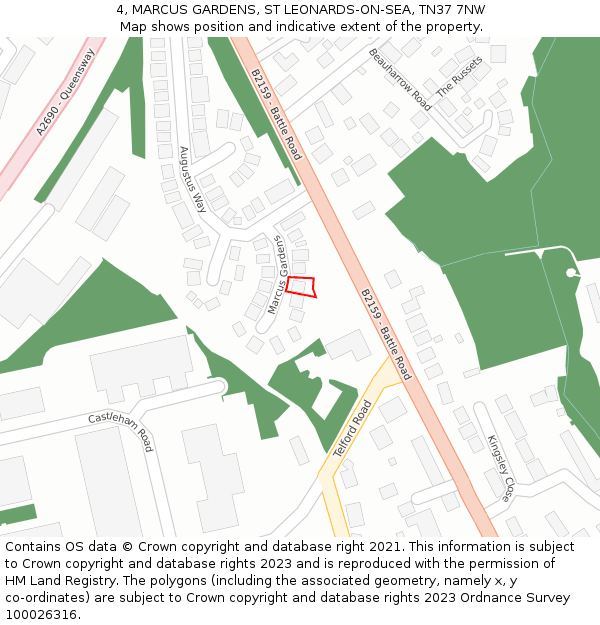 4, MARCUS GARDENS, ST LEONARDS-ON-SEA, TN37 7NW: Location map and indicative extent of plot