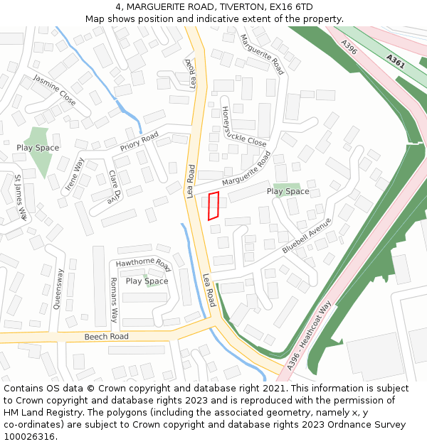 4, MARGUERITE ROAD, TIVERTON, EX16 6TD: Location map and indicative extent of plot