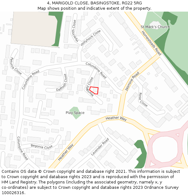 4, MARIGOLD CLOSE, BASINGSTOKE, RG22 5RG: Location map and indicative extent of plot