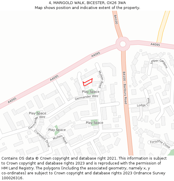 4, MARIGOLD WALK, BICESTER, OX26 3WA: Location map and indicative extent of plot