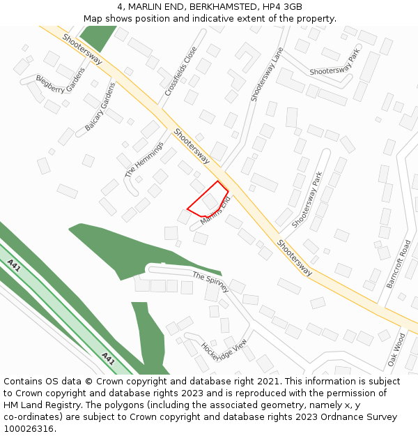 4, MARLIN END, BERKHAMSTED, HP4 3GB: Location map and indicative extent of plot