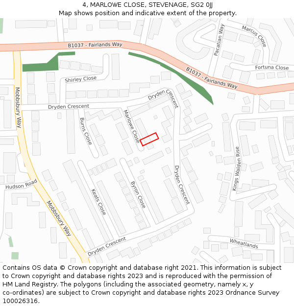 4, MARLOWE CLOSE, STEVENAGE, SG2 0JJ: Location map and indicative extent of plot