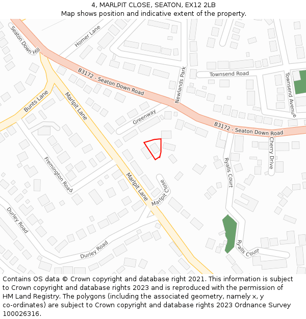 4, MARLPIT CLOSE, SEATON, EX12 2LB: Location map and indicative extent of plot