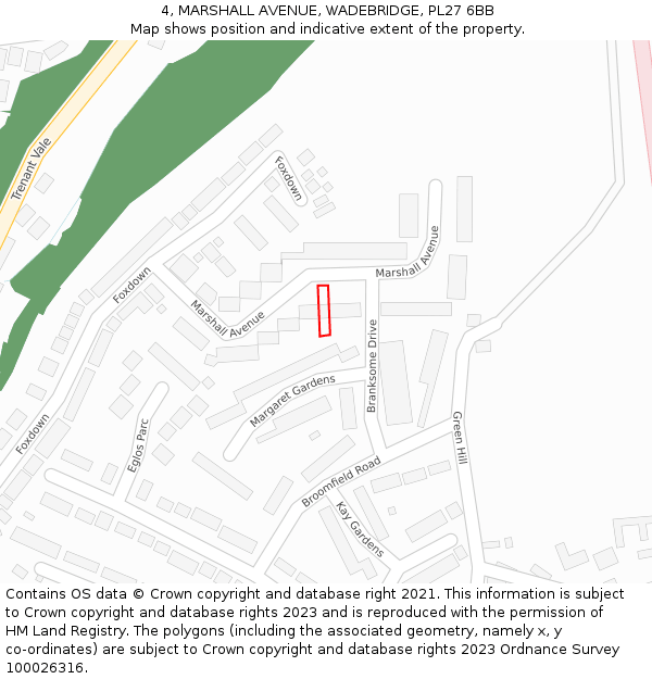 4, MARSHALL AVENUE, WADEBRIDGE, PL27 6BB: Location map and indicative extent of plot