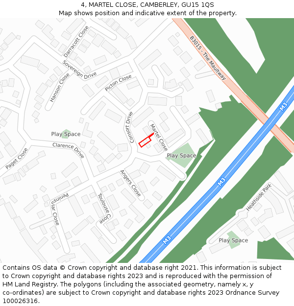 4, MARTEL CLOSE, CAMBERLEY, GU15 1QS: Location map and indicative extent of plot