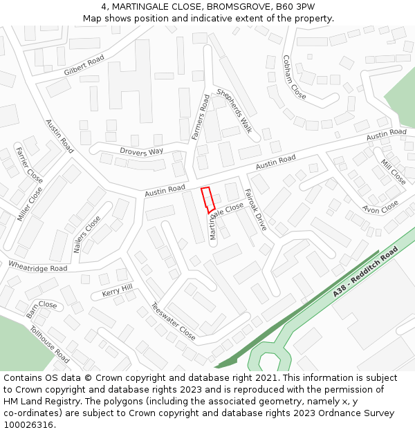 4, MARTINGALE CLOSE, BROMSGROVE, B60 3PW: Location map and indicative extent of plot