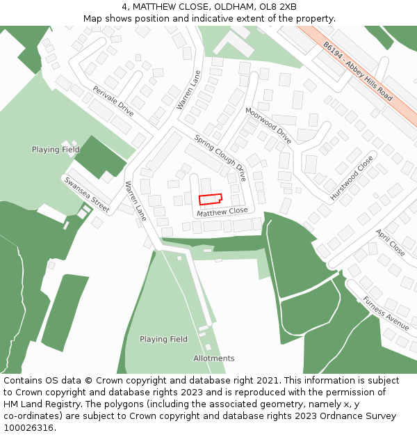 4, MATTHEW CLOSE, OLDHAM, OL8 2XB: Location map and indicative extent of plot