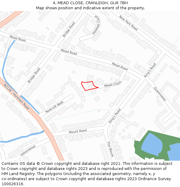 4, MEAD CLOSE, CRANLEIGH, GU6 7BH: Location map and indicative extent of plot