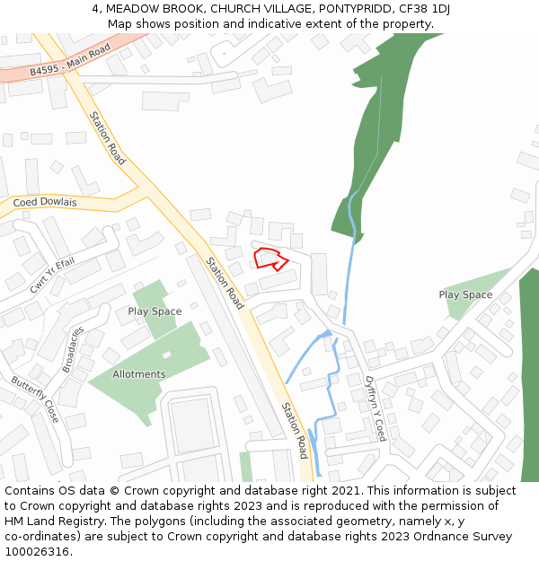 4, MEADOW BROOK, CHURCH VILLAGE, PONTYPRIDD, CF38 1DJ: Location map and indicative extent of plot