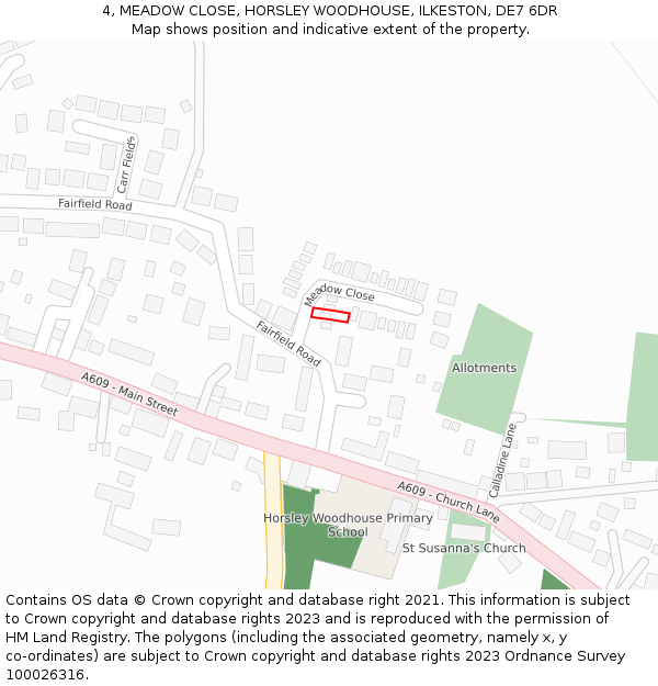 4, MEADOW CLOSE, HORSLEY WOODHOUSE, ILKESTON, DE7 6DR: Location map and indicative extent of plot