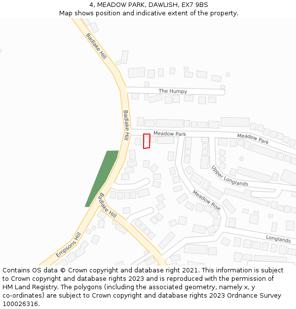 4, MEADOW PARK, DAWLISH, EX7 9BS: Location map and indicative extent of plot