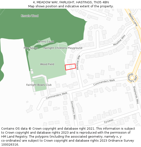 4, MEADOW WAY, FAIRLIGHT, HASTINGS, TN35 4BN: Location map and indicative extent of plot