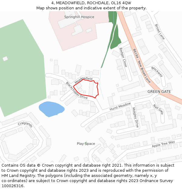 4, MEADOWFIELD, ROCHDALE, OL16 4QW: Location map and indicative extent of plot