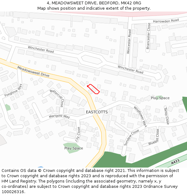 4, MEADOWSWEET DRIVE, BEDFORD, MK42 0RG: Location map and indicative extent of plot