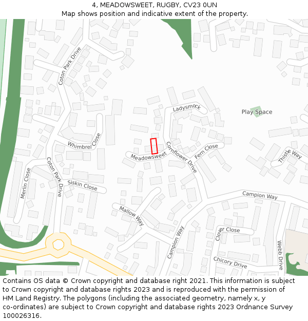 4, MEADOWSWEET, RUGBY, CV23 0UN: Location map and indicative extent of plot