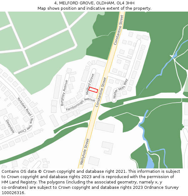 4, MELFORD GROVE, OLDHAM, OL4 3HH: Location map and indicative extent of plot