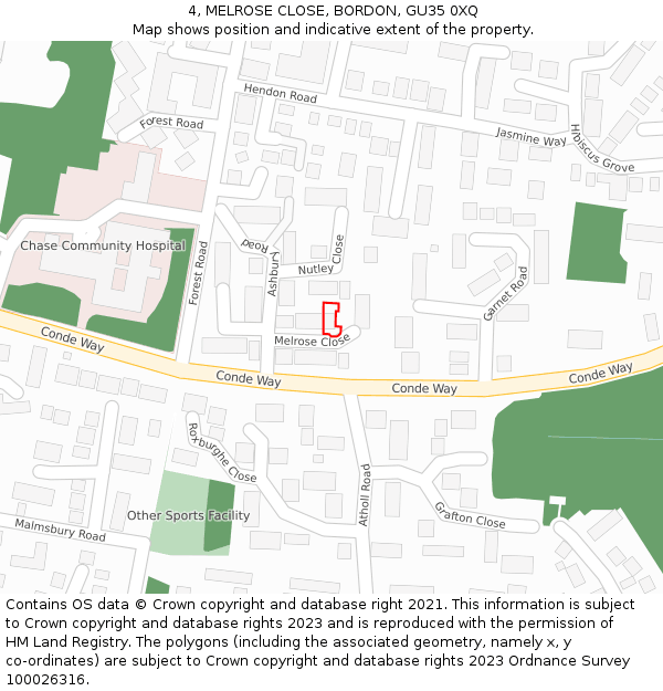 4, MELROSE CLOSE, BORDON, GU35 0XQ: Location map and indicative extent of plot