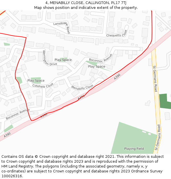 4, MENABILLY CLOSE, CALLINGTON, PL17 7TJ: Location map and indicative extent of plot