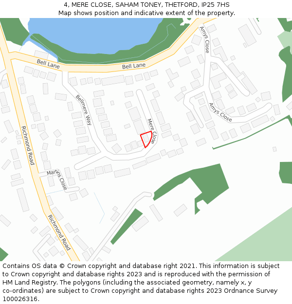 4, MERE CLOSE, SAHAM TONEY, THETFORD, IP25 7HS: Location map and indicative extent of plot