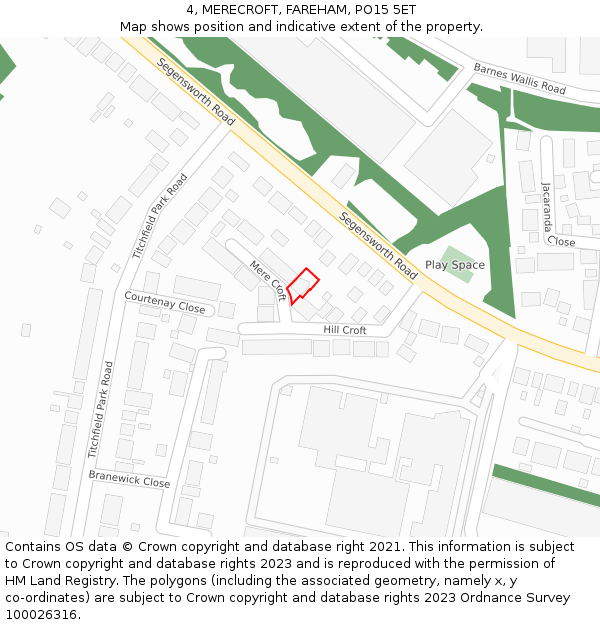 4, MERECROFT, FAREHAM, PO15 5ET: Location map and indicative extent of plot