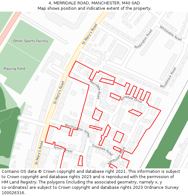 4, MERRIDALE ROAD, MANCHESTER, M40 0AD: Location map and indicative extent of plot