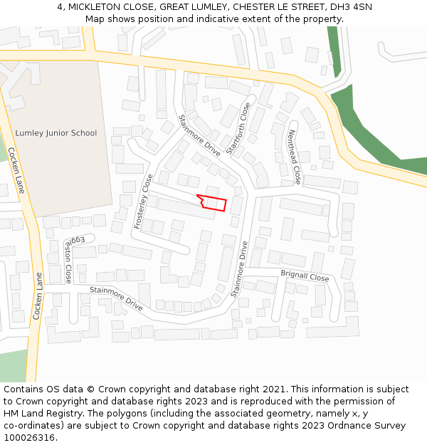 4, MICKLETON CLOSE, GREAT LUMLEY, CHESTER LE STREET, DH3 4SN: Location map and indicative extent of plot