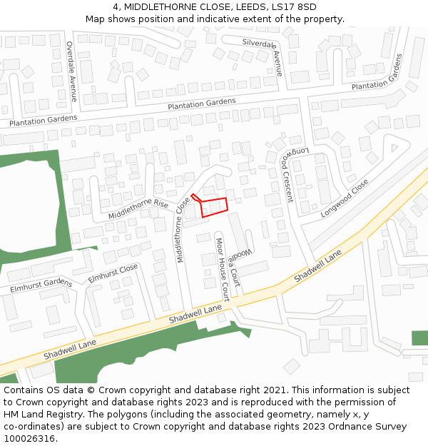 4, MIDDLETHORNE CLOSE, LEEDS, LS17 8SD: Location map and indicative extent of plot